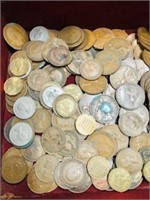 Antique wooden box with old Coins lot