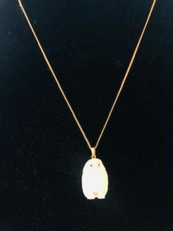 14k gold necklace with white owl