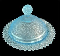 Antique blue pattern glass Covered butter dish