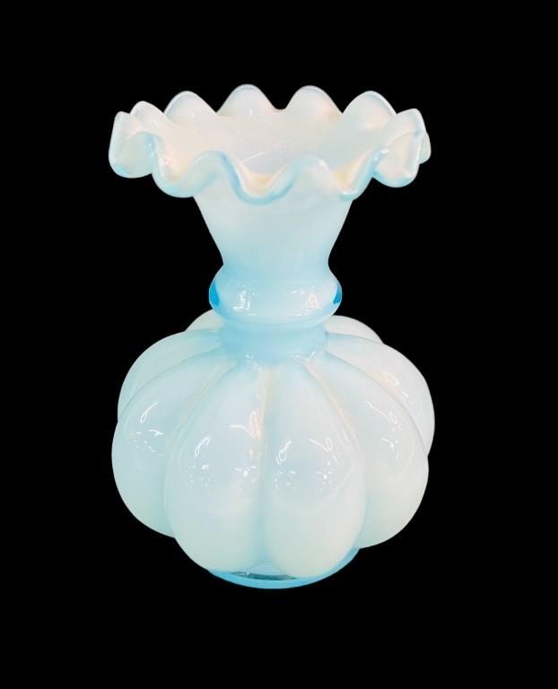 Fenton case glass baby blue Fluted top vase