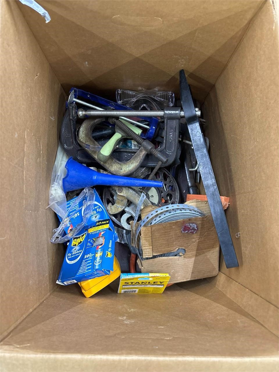 Box of assorted hand tools and parts