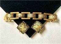 Vintage Damascene Bracelet & Earrings, Engraved