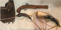 Old Black Powder Gun, 2 Horns & Bag