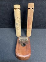 THUMB HARP, AND TWO WOOD WHISTLES