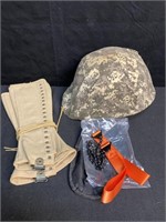LEG GAITERS, HARDHAT WITH CAMO COVER, AND NEW