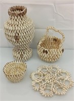 Shell vase, cup and basket 4 pc
