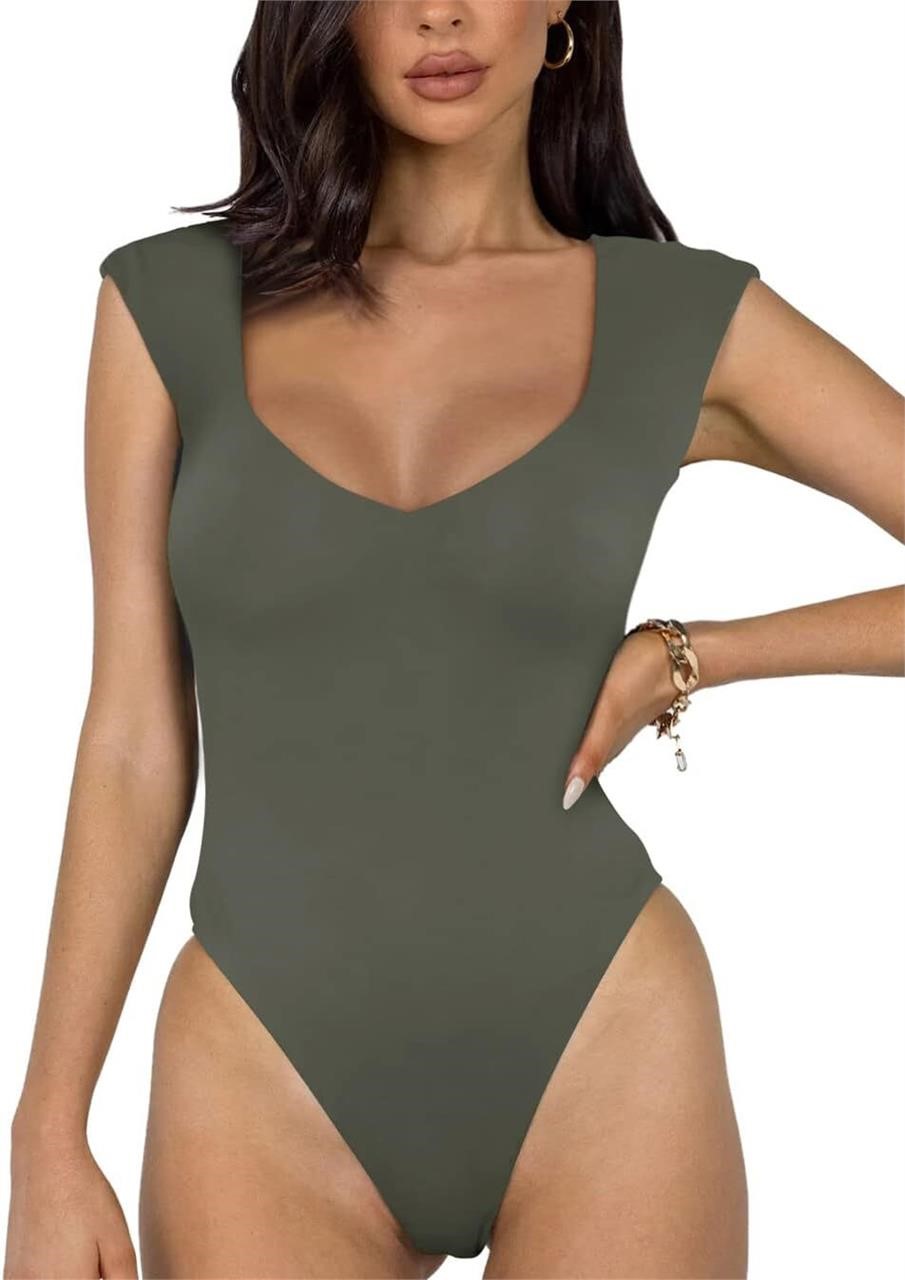 REORIA V Neck Sleeveless Bodysuits Med Green