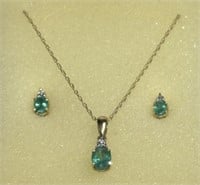 Emerald and CZ Diamond Necklace (19") & Earrings