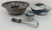 Art pottery bowls, whisk and mortar and pestal