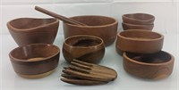 Teak and misc. Wood bowls and tongs