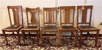 5 Oak Chairs w/ Leather Seats