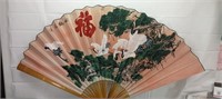 36" vintage Asian crane fan bamboo and canvas