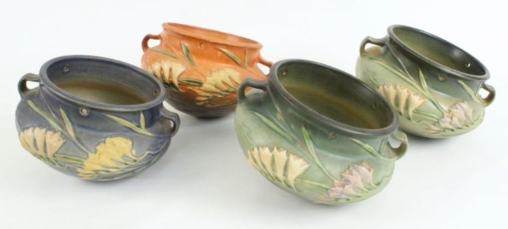 (4) Roseville Pottery Freesia Hanging Planters