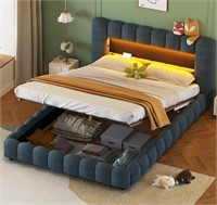 Queen Upholstered Platform Bed with LED  Grey/Blue