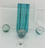 Glass vase and 4 vintage blown glass floats