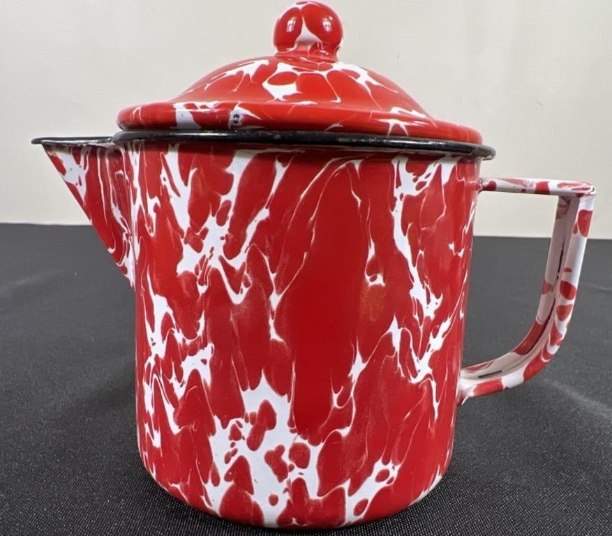 Red & White Swirl Graniteware Teapot