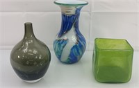3 blown glass art vases