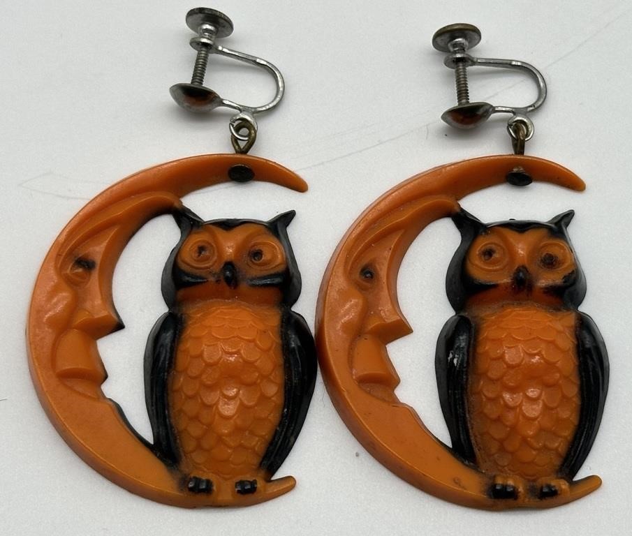 Halloween Moon Owl Resin Screw Back Earrings