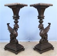 Pair of 19th C. Wing Griffon Marble Top Pedestals