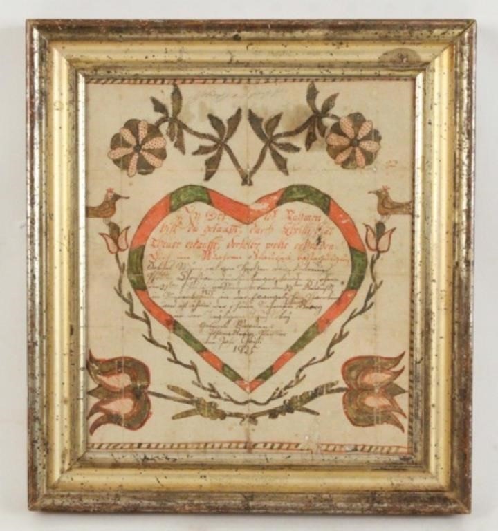 1825 Pennsylvania Watercolor Fraktur w/ Heart