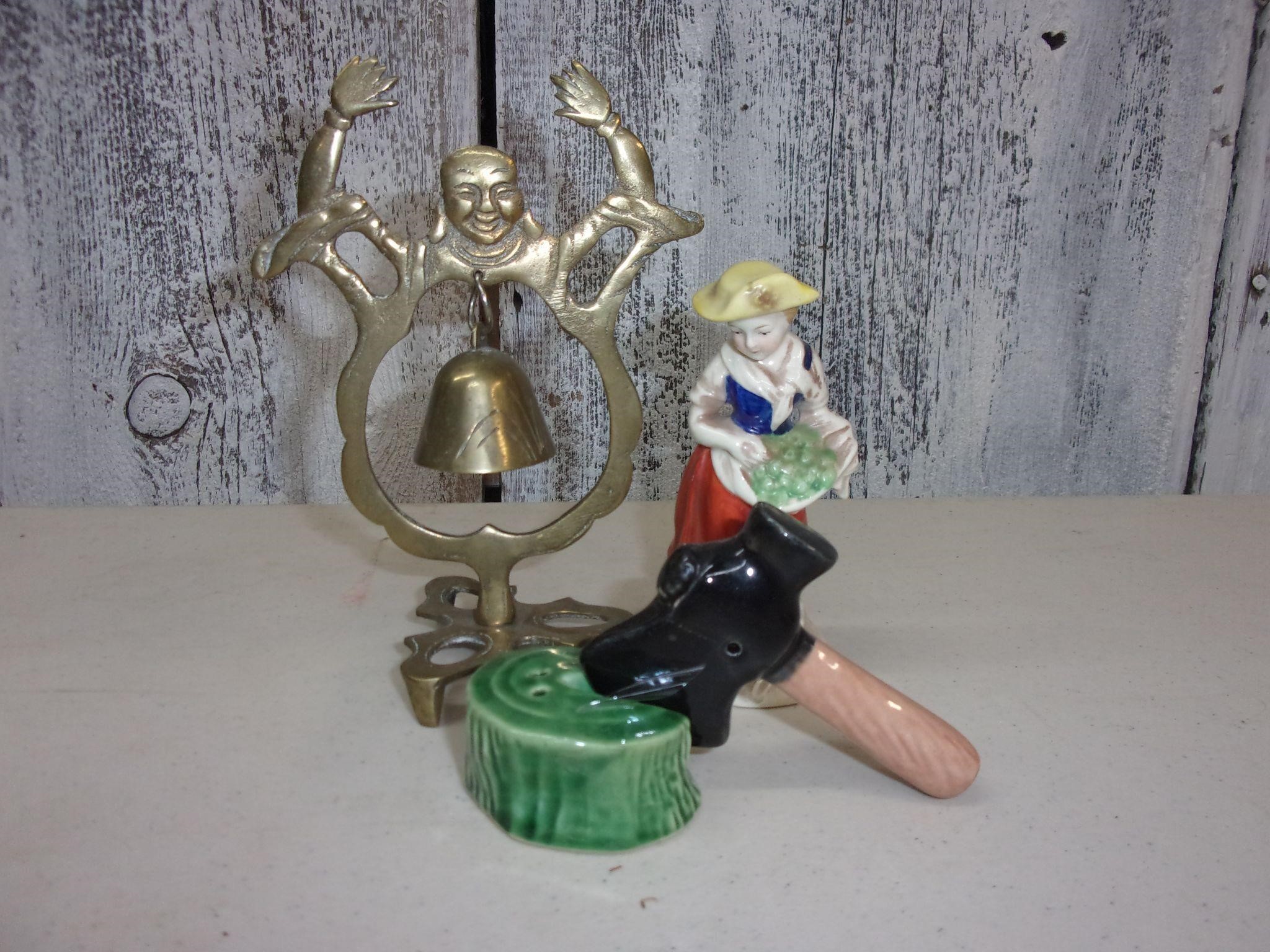 Vintage Brass Buda Bell, Girl Figurine, Axe S/P