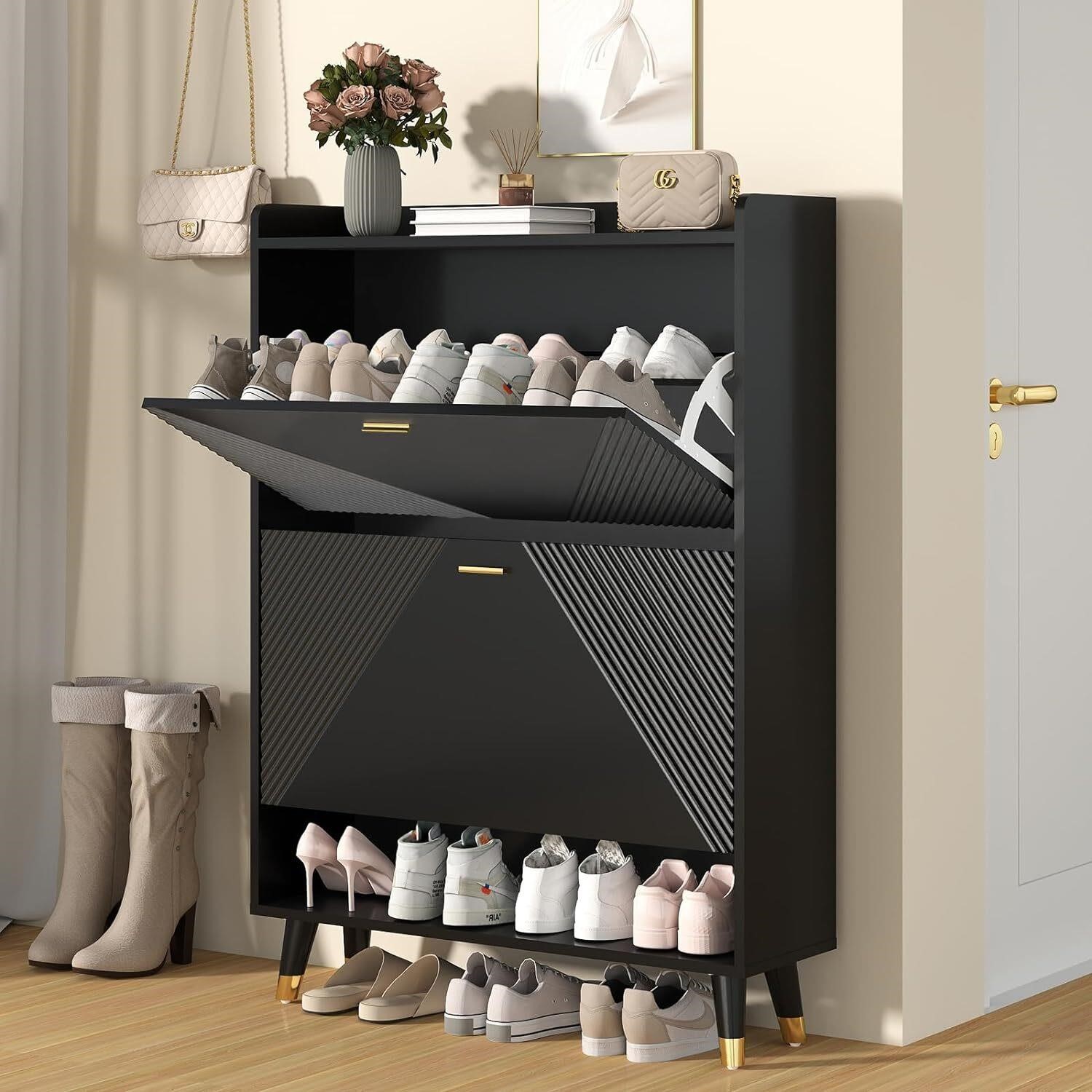 Black 2-Door Shoe Cabinet Storage with Drawer