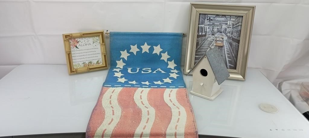 Picture frames, bird house and USA banner