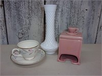 Milk Glass Diamond Vase/Tea Bag Holder/Cup & Sauce
