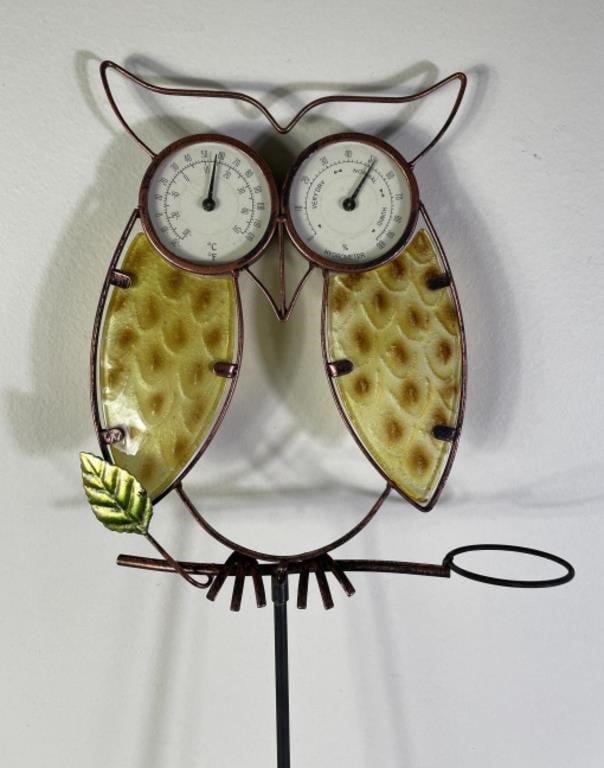 Metal, Glass Owl Thermometer Yard Art