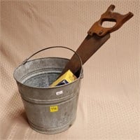 Vintage Galvanized Bucket w/ Handsaw