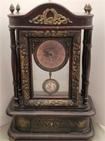 Ornate Wood Mantel Clock w/ Metal Trim & Finials