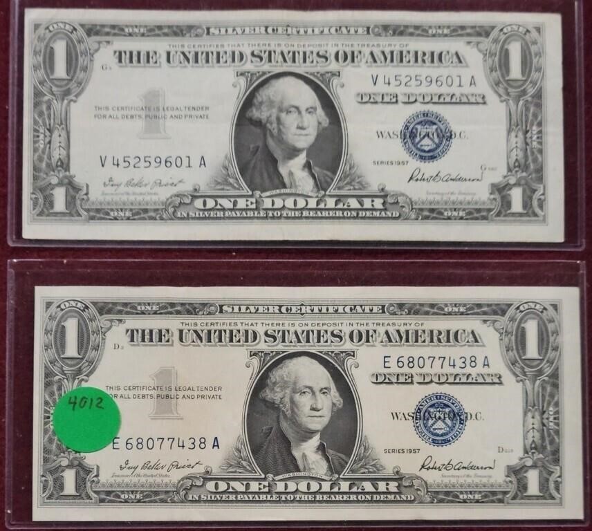 2 1957 BLUE SEAL $1 SILVER CERTIFICATE