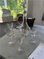 Vintage Romanian etched glass decanter cordial set