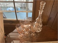 Vintage pink crystal stemware/cut glass decanter