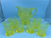 Mosser Vaseline Glass Dahlia Pitcher & 6 Glasses