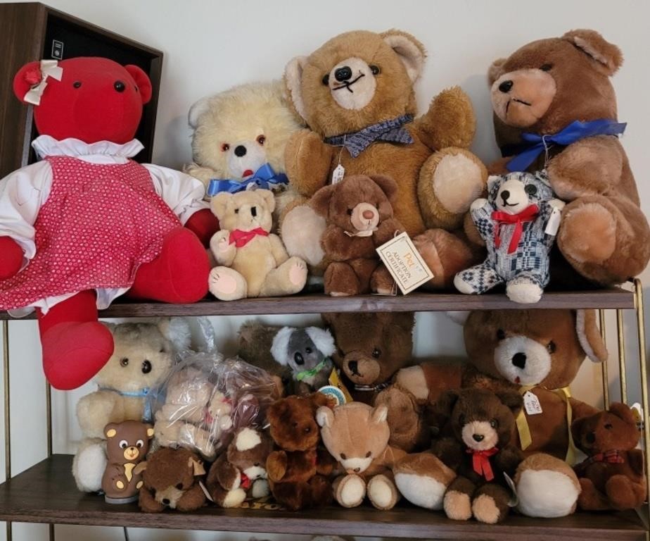 2 Shelves of Vtg Plush Stuffed Bear Animals Teddy