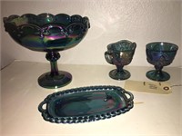 BLUE IRIDESCENT CARNIVAL GLASS LG COMPOTE BOWL