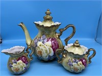 Nippon Hand Painted Teapot, Creamer, Sugar Bowl