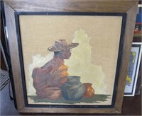34 x 34" Southwest Painting On Burlap By Vam Lowe