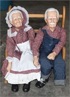 Vintage Grandma & Grandpa Porcelain Dolls/ Bench