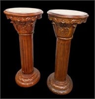 Pair of Cherry Finish Pedestals w/ Marble Inserts.
