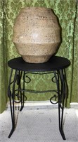 Wooden Round Plant Stand w/ Beehive Ceramic Pot