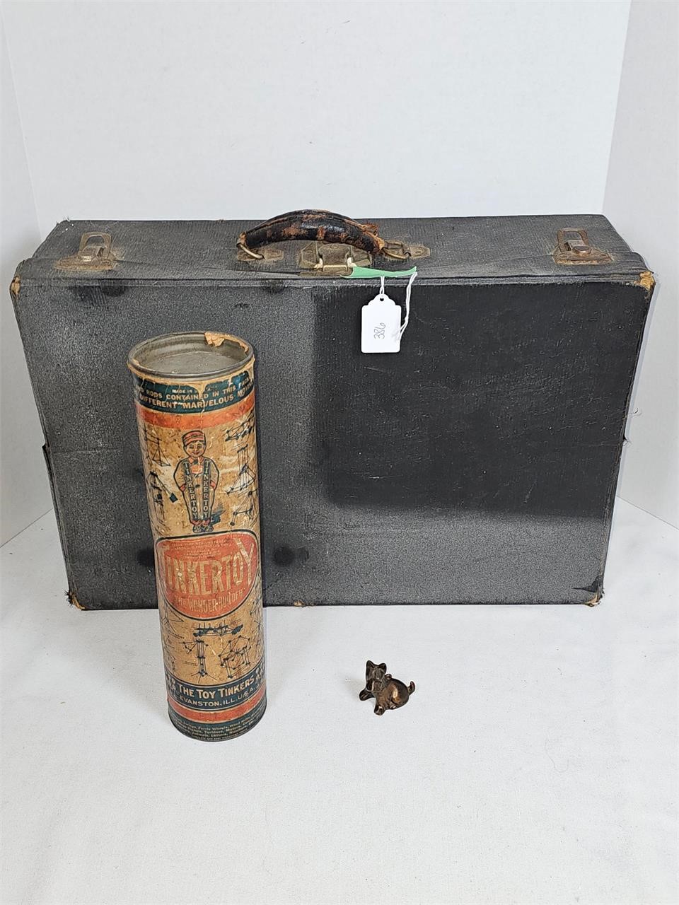 Early tinker Toy Set. Suitcase, Brass Scotty Dog