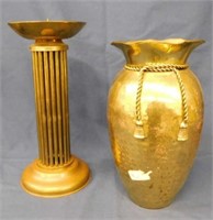 Brass vase, 9.75" - Brass candle holder, 11"