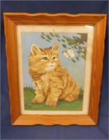5 feline pictures / prints / paintings, framed,