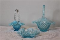 Fenton Hobnail Blue (Opalescent) Glass Baskets