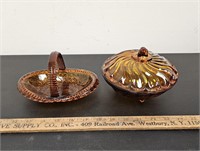 Vintage Amber Covered Dish & Amber Glass Basket