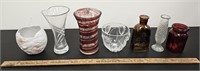 (7) Variety of Vases- Clear, Red, Amber