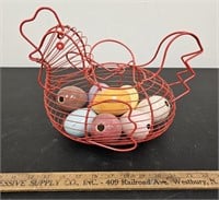 Red Wire Chicken w Colorful Ceramic Eggs