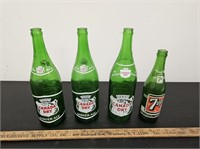 (4) Green Vintage Soda Bottles- Canada Dry & 7UP